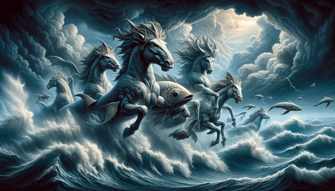 Depicted battling waves in a turbulent sea, the Ichthyocentaurs are shown in a dramatic setting with dark storm clouds and high waves. This image emphasizes their strength and connection to the sea's power, portraying them as formidable creatures of the ocean.