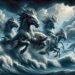 Depicted battling waves in a turbulent sea, the Ichthyocentaurs are shown in a dramatic setting with dark storm clouds and high waves. This image emphasizes their strength and connection to the sea's power, portraying them as formidable creatures of the ocean.