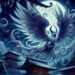 A mystical portrayal of Itsumade hovering ominously over an ancient Japanese temple under a moonlit sky, with swirling, ethereal feathers and glowing eyes.