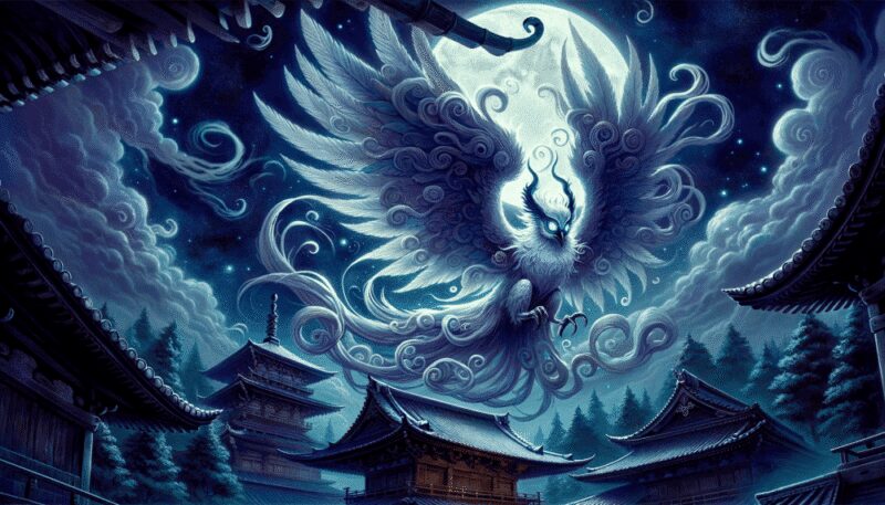 A mystical portrayal of Itsumade hovering ominously over an ancient Japanese temple under a moonlit sky, with swirling, ethereal feathers and glowing eyes.