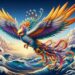 A majestic image of Jingwei gracefully soaring above the East China Sea, with vibrant feathers and a determined expression, symbolizing her quest to fill the sea.