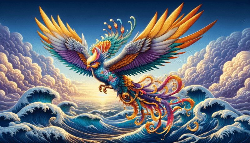 A majestic image of Jingwei gracefully soaring above the East China Sea, with vibrant feathers and a determined expression, symbolizing her quest to fill the sea.