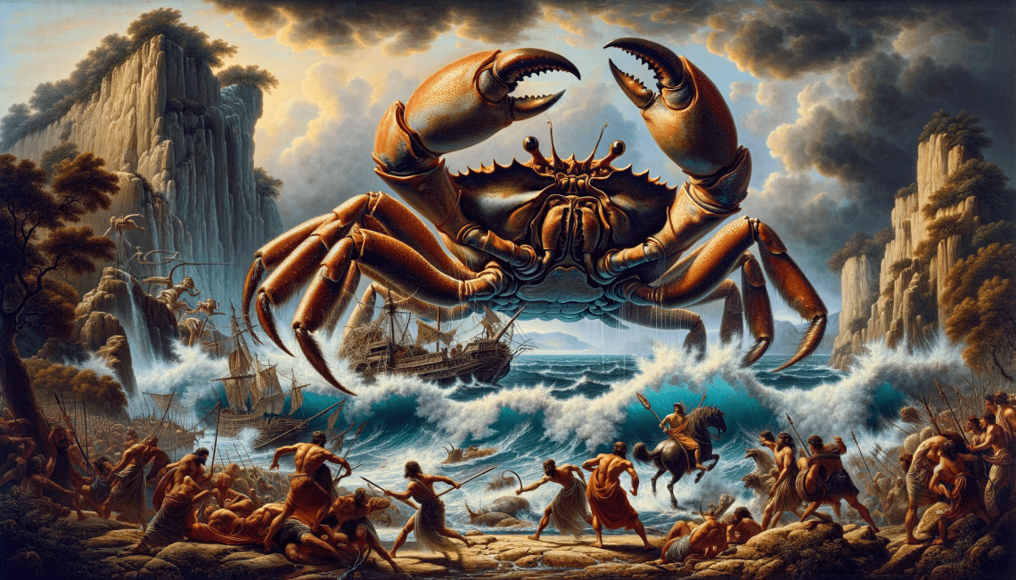 Karkinos is shown as a massive crab emerging from the sea to join the fight between Heracles and the Hydra, set against a rugged Greek coastline.