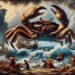 Karkinos is shown as a massive crab emerging from the sea to join the fight between Heracles and the Hydra, set against a rugged Greek coastline.