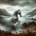 The Kelpie is shown emerging from the waters of a loch, set against the backdrop of the Scottish Highlands with rolling hills, dense fog, and traditional flora.