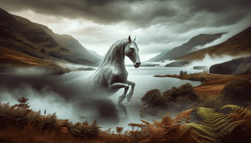 The Kelpie is shown emerging from the waters of a loch, set against the backdrop of the Scottish Highlands with rolling hills, dense fog, and traditional flora.