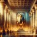 Khepri is depicted in a grand temple adorned with hieroglyphs and statues of Egyptian deities, bathed in golden sunlight, symbolizing his connection to the sun and rebirth.