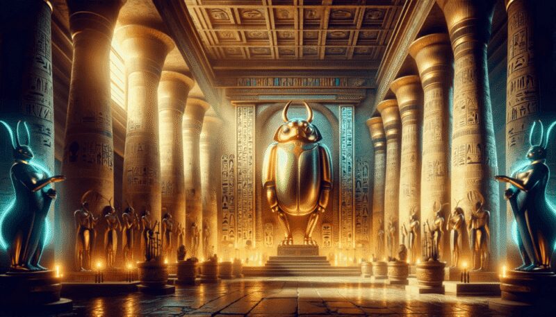 Khepri is depicted in a grand temple adorned with hieroglyphs and statues of Egyptian deities, bathed in golden sunlight, symbolizing his connection to the sun and rebirth.