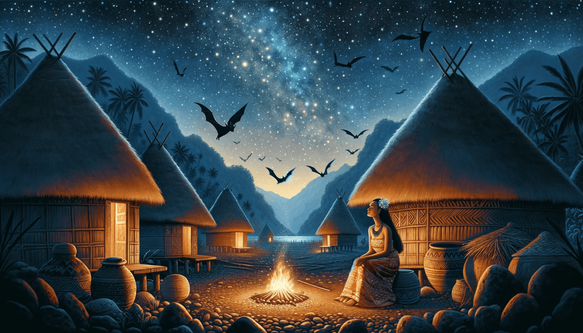 Over a starlit Samoan village, the Leutogi is shown resting near traditional huts, elegantly dressed in Samoan garments. The night sky filled with bats signifies her unique relationship with these creatures, emphasizing her role in the community and the spiritual connection the Samoan people have with their natural environment.