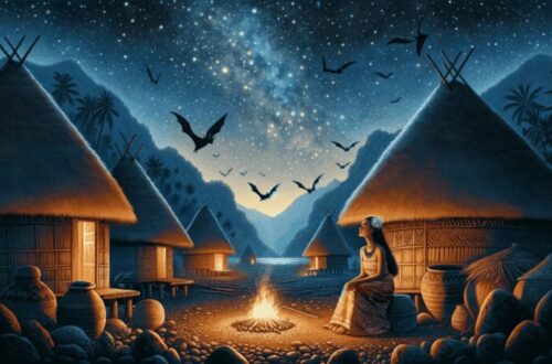 Over a starlit Samoan village, the Leutogi is shown resting near traditional huts, elegantly dressed in Samoan garments. The night sky filled with bats signifies her unique relationship with these creatures, emphasizing her role in the community and the spiritual connection the Samoan people have with their natural environment.