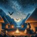 Over a starlit Samoan village, the Leutogi is shown resting near traditional huts, elegantly dressed in Samoan garments. The night sky filled with bats signifies her unique relationship with these creatures, emphasizing her role in the community and the spiritual connection the Samoan people have with their natural environment.