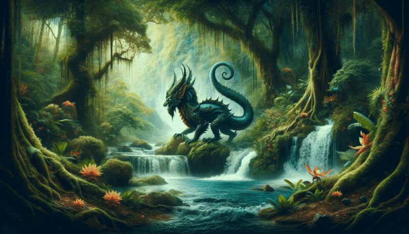 Depicted near a waterfall in a dense jungle, the Makara blends aquatic and forest elements. The lush tropical environment creates a vibrant and mysterious atmosphere, emphasizing the Makara's enigmatic and protective nature in South Asian mythology.