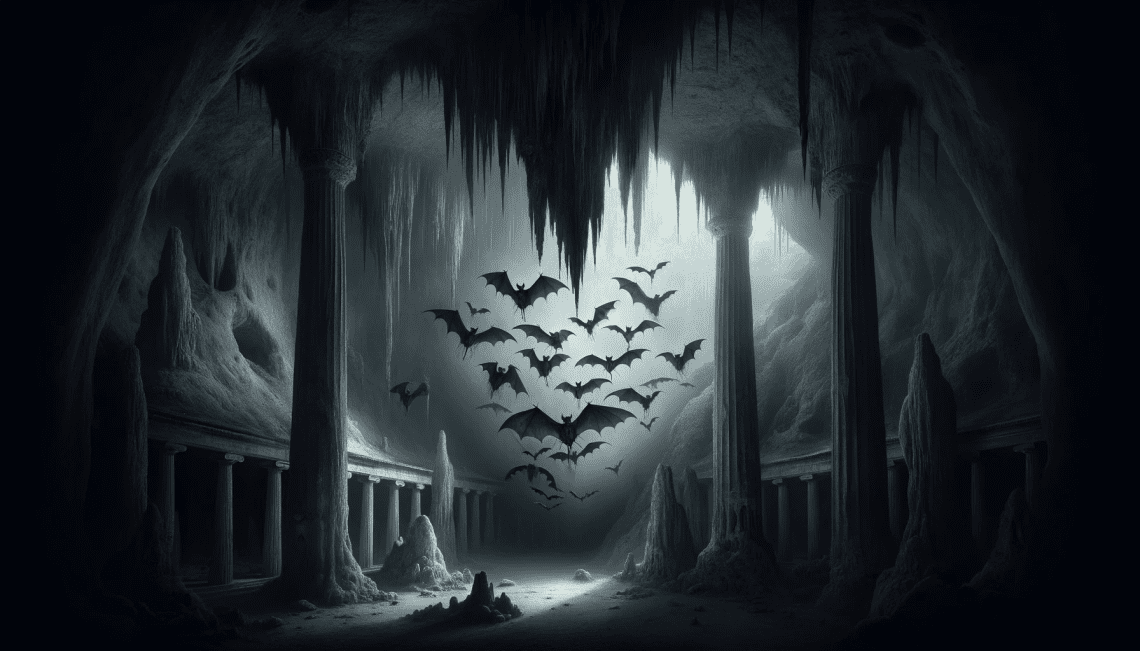 In a shadowy cave with eerie stalactites, the fully transformed Minyades are shown hanging from the ceiling as bats. Retaining a hint of their former human elegance, the cave's gloomy atmosphere reflects their fate as eternal prisoners, encapsulating the final stage of their tragic story and blending elements of Greek mythology with the supernatural.