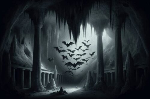 In a shadowy cave with eerie stalactites, the fully transformed Minyades are shown hanging from the ceiling as bats. Retaining a hint of their former human elegance, the cave's gloomy atmosphere reflects their fate as eternal prisoners, encapsulating the final stage of their tragic story and blending elements of Greek mythology with the supernatural.