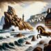 Morvarc'h is depicted emerging from the ocean onto a rugged shoreline in Brittany, with cliffs and a traditional Breton lighthouse in the background, highlighting its mystical and powerful nature.