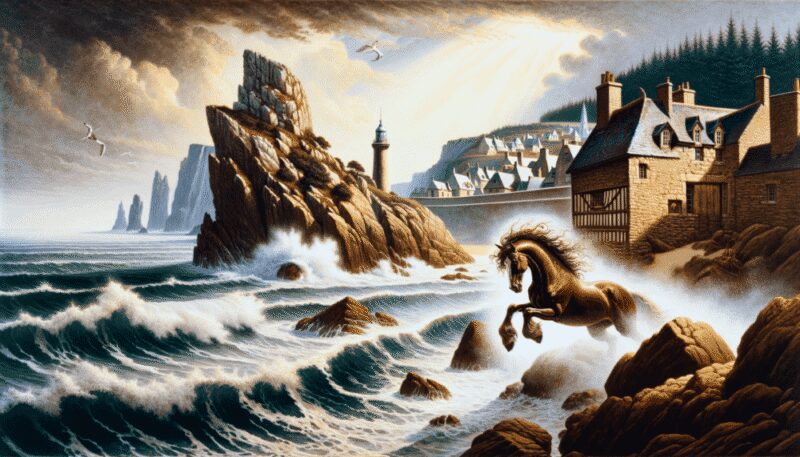 Morvarc'h is depicted emerging from the ocean onto a rugged shoreline in Brittany, with cliffs and a traditional Breton lighthouse in the background, highlighting its mystical and powerful nature.