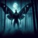 This image captures Mothman in a dark, misty forest setting. Its presence is menacing and mysterious, emphasized by its glowing red eyes and large, moth-like wings. The moonlight filtering through the trees creates an eerie atmosphere, enhancing the Mothman's enigmatic nature.