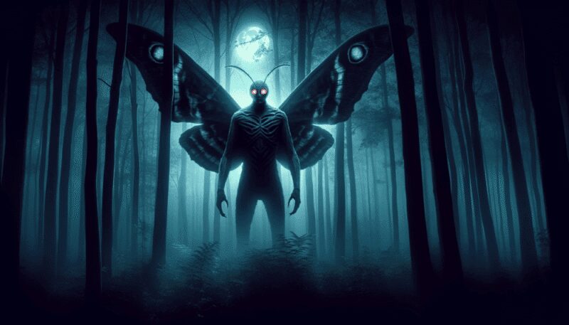 This image captures Mothman in a dark, misty forest setting. Its presence is menacing and mysterious, emphasized by its glowing red eyes and large, moth-like wings. The moonlight filtering through the trees creates an eerie atmosphere, enhancing the Mothman's enigmatic nature.