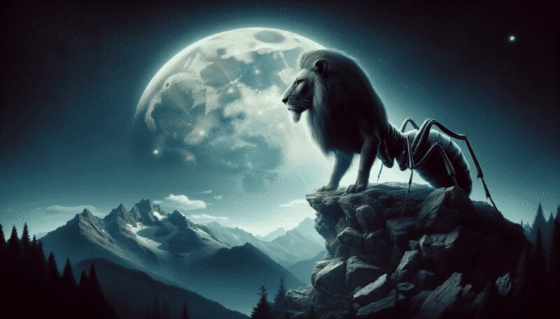 The Myrmecoleon is shown perched atop a rocky outcrop in a mystical, moonlit mountain range. The moonlight accentuates its majestic lion's mane and the intricate segments of its ant body, symbolizing wisdom and strength. This portrayal captures the creature as a solitary guardian of the mountains, reflecting its mythical essence.