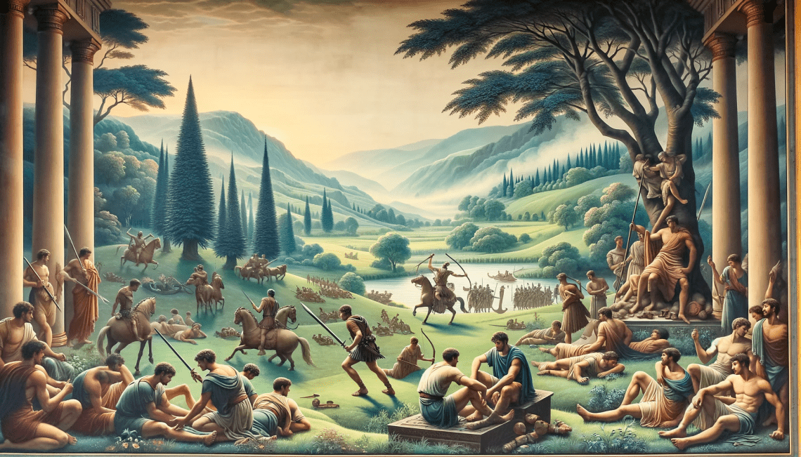 Contrasting the battlefield, this portrayal shows the Myrmidons in their homeland of Phthia. Here, they are seen in a peaceful setting, engaging in daily activities and training. The lush, bountiful landscape highlights their life outside warfare, emphasizing their discipline, camaraderie, and strong community bonds.