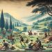 Contrasting the battlefield, this portrayal shows the Myrmidons in their homeland of Phthia. Here, they are seen in a peaceful setting, engaging in daily activities and training. The lush, bountiful landscape highlights their life outside warfare, emphasizing their discipline, camaraderie, and strong community bonds.