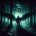 A haunting image of the Nachtkrapp emerging from the shadows of a dense forest at night, with glowing eyes and outstretched wings, creating an eerie atmosphere.