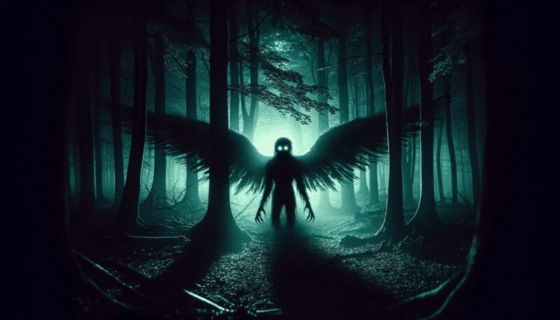 A haunting image of the Nachtkrapp emerging from the shadows of a dense forest at night, with glowing eyes and outstretched wings, creating an eerie atmosphere.