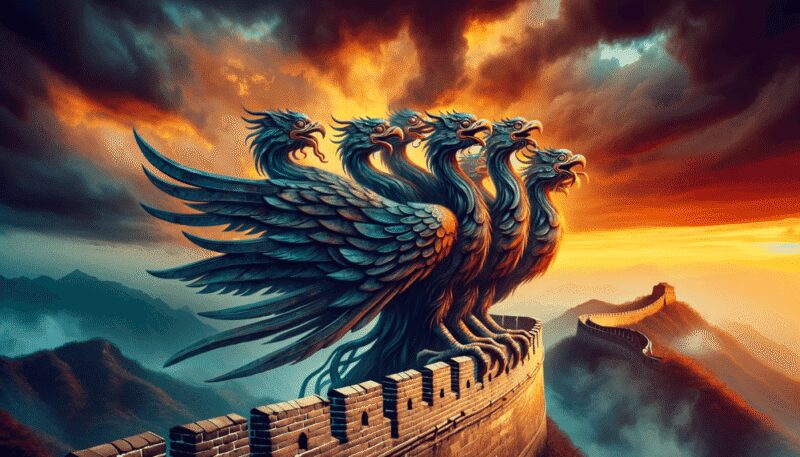 An artistic portrayal of the Nine-headed Bird perched on the Great Wall of China, each head watching in a different direction, set against a dramatic sunset.