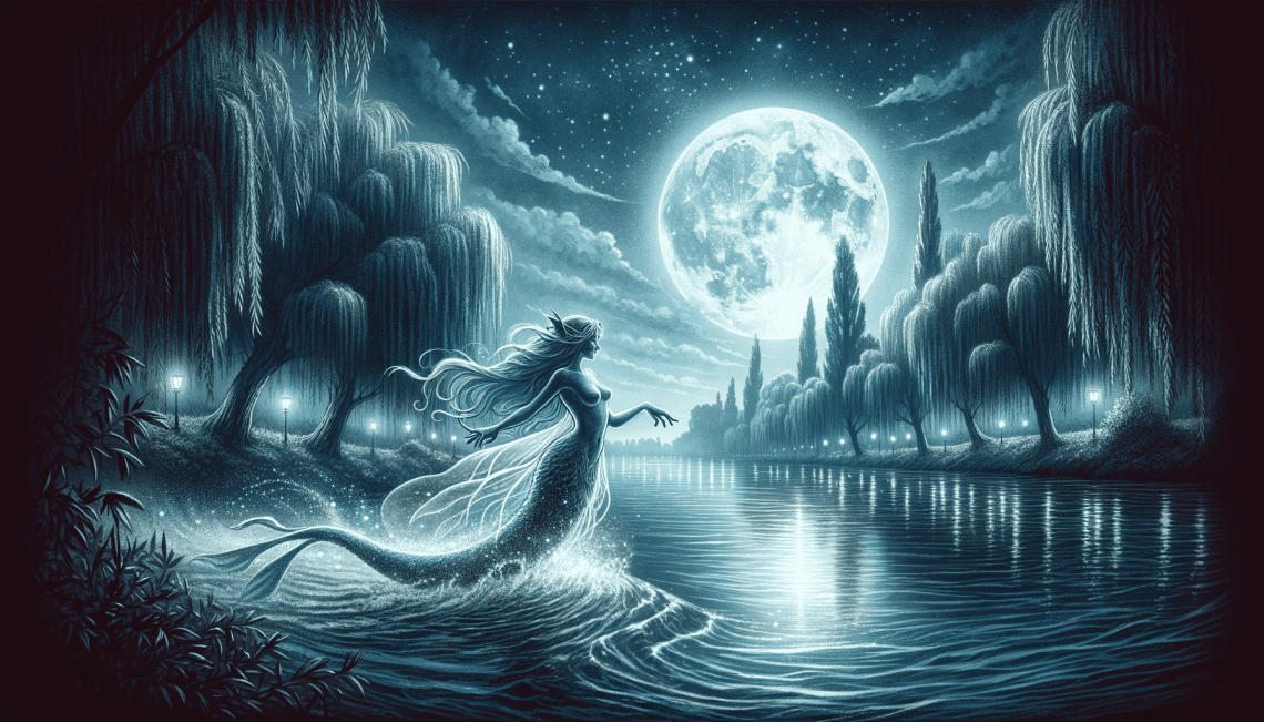 Illustrated in a moonlit riverside setting, the Nixie is shown dancing on the water's surface under a full moon. The river, bordered by willow trees and illuminated by moonlight, creates a mystical and tranquil atmosphere.