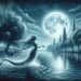 Illustrated in a moonlit riverside setting, the Nixie is shown dancing on the water's surface under a full moon. The river, bordered by willow trees and illuminated by moonlight, creates a mystical and tranquil atmosphere.