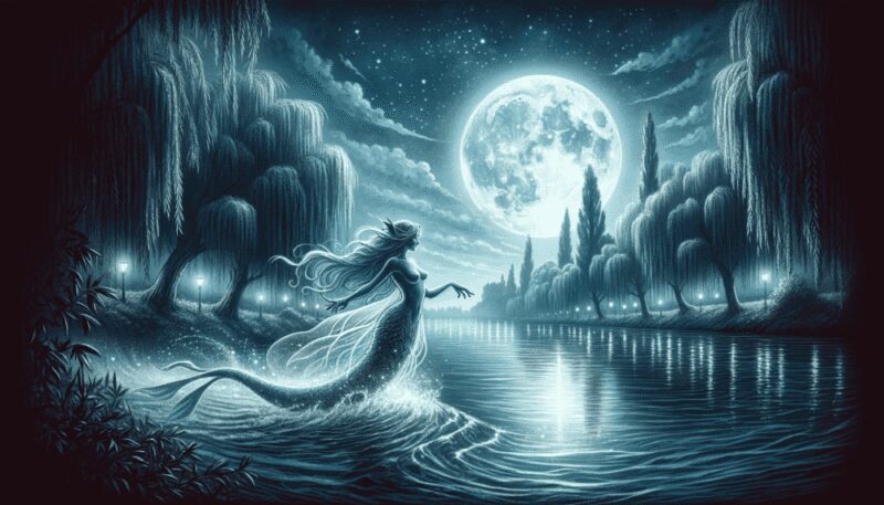 Illustrated in a moonlit riverside setting, the Nixie is shown dancing on the water's surface under a full moon. The river, bordered by willow trees and illuminated by moonlight, creates a mystical and tranquil atmosphere.