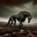 Depicted traversing a barren moor under a dark sky, the Nuckelavee is set against a bleak landscape with sparse vegetation, reflecting its malevolent nature and association with blight and misfortune.