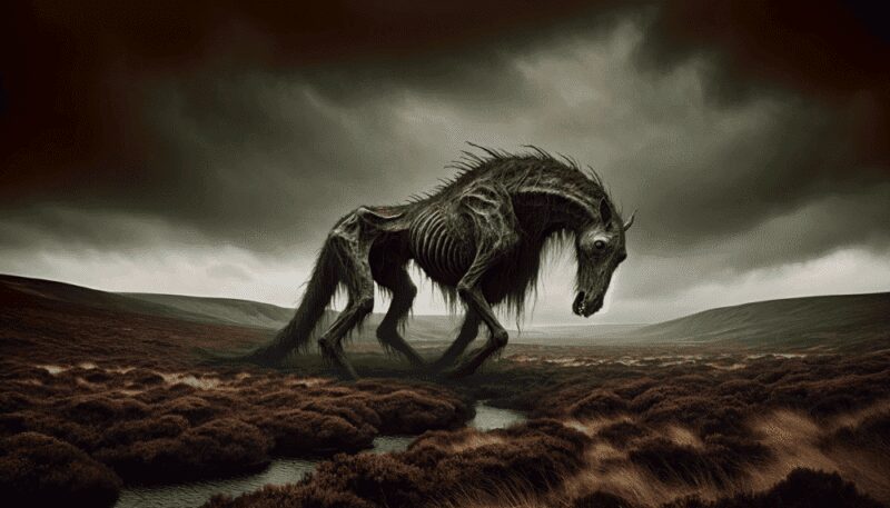 Depicted traversing a barren moor under a dark sky, the Nuckelavee is set against a bleak landscape with sparse vegetation, reflecting its malevolent nature and association with blight and misfortune.