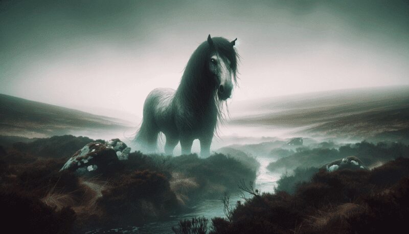 Depicted wandering through a foggy moor with sparse vegetation and rocky outcrops, the Nuggle's sinister and elusive nature is highlighted by the atmospheric moorland setting.