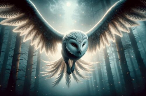 A close-up that highlights Nyctimene's intricate facial features and feather patterns. Its face is marked with unique, symmetrical patterns in shades of silver and grey, and its eyes are captivating, holding a mysterious and wise expression.