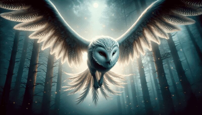 A close-up that highlights Nyctimene's intricate facial features and feather patterns. Its face is marked with unique, symmetrical patterns in shades of silver and grey, and its eyes are captivating, holding a mysterious and wise expression.