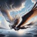 A striking portrayal of Ocypete racing across the sky with lightning speed, her wings leaving a trail of gusty winds, set above the Aegean Sea with distant islands below.