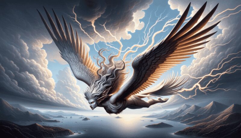 A striking portrayal of Ocypete racing across the sky with lightning speed, her wings leaving a trail of gusty winds, set above the Aegean Sea with distant islands below.