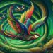 A whimsical depiction of the Oozlum bird flying in an endless loop, its colorful feathers creating a mesmerizing pattern, set in an enchanted forest.