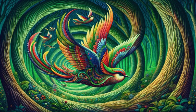 A whimsical depiction of the Oozlum bird flying in an endless loop, its colorful feathers creating a mesmerizing pattern, set in an enchanted forest.