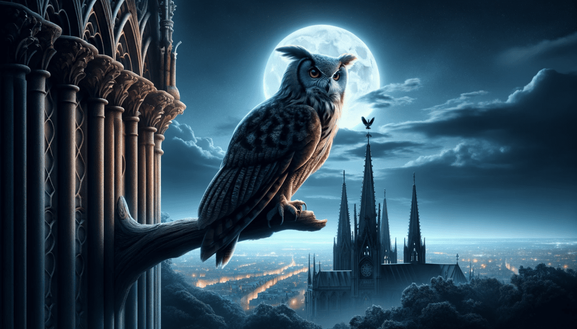 Owlman dramatically perched high on a Gothic cathedral's spire, overlooking a moonlit city. The creature's silhouette against the night sky is striking, with its eyes focused and intense, scanning the urban landscape below.