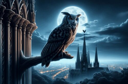 Owlman dramatically perched high on a Gothic cathedral's spire, overlooking a moonlit city. The creature's silhouette against the night sky is striking, with its eyes focused and intense, scanning the urban landscape below.