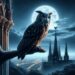 Owlman dramatically perched high on a Gothic cathedral's spire, overlooking a moonlit city. The creature's silhouette against the night sky is striking, with its eyes focused and intense, scanning the urban landscape below.