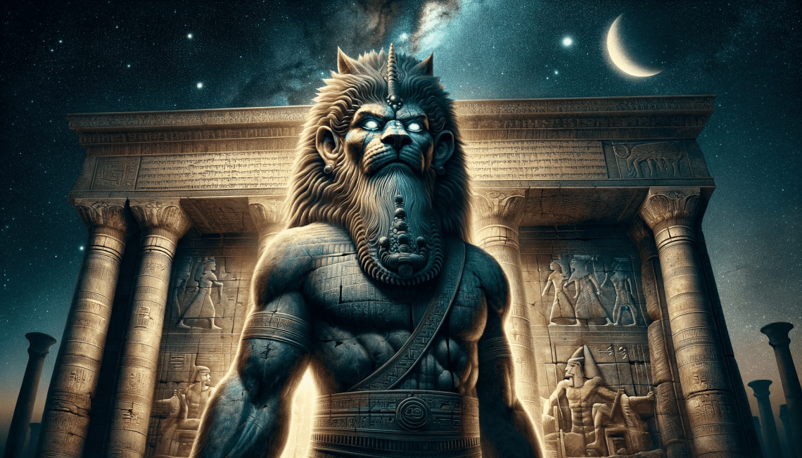 Set under a starlit sky, this image shows Pabilsag standing majestically in front of a mystical Mesopotamian temple. He has the head of a man with a pointed beard, the body of a lion, and the tail of a scorpion. The temple adorned with ancient symbols and inscriptions emphasizes his role as a protector, embodying the fusion of human, animal, and divine elements.
