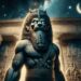 Set under a starlit sky, this image shows Pabilsag standing majestically in front of a mystical Mesopotamian temple. He has the head of a man with a pointed beard, the body of a lion, and the tail of a scorpion. The temple adorned with ancient symbols and inscriptions emphasizes his role as a protector, embodying the fusion of human, animal, and divine elements.