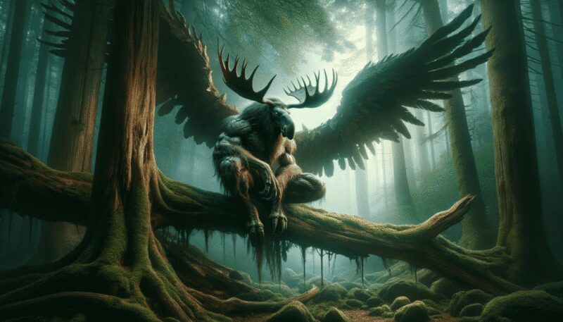 Pamola, a mythical creature from Native American folklore. This representation shows Pamola in a mystical forest setting.