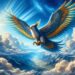 Peng is shown soaring high above the clouds, with its enormous wings spread wide. The wings are colorful and vibrant, set against a blue sky with fluffy white clouds and rays of sunlight. Below, a vast landscape of mountains and rivers illustrates the immense scale of Peng.