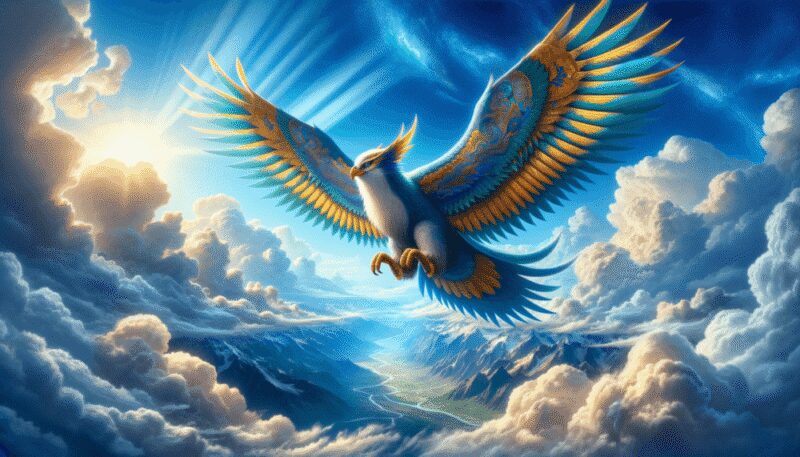 Peng is shown soaring high above the clouds, with its enormous wings spread wide. The wings are colorful and vibrant, set against a blue sky with fluffy white clouds and rays of sunlight. Below, a vast landscape of mountains and rivers illustrates the immense scale of Peng.