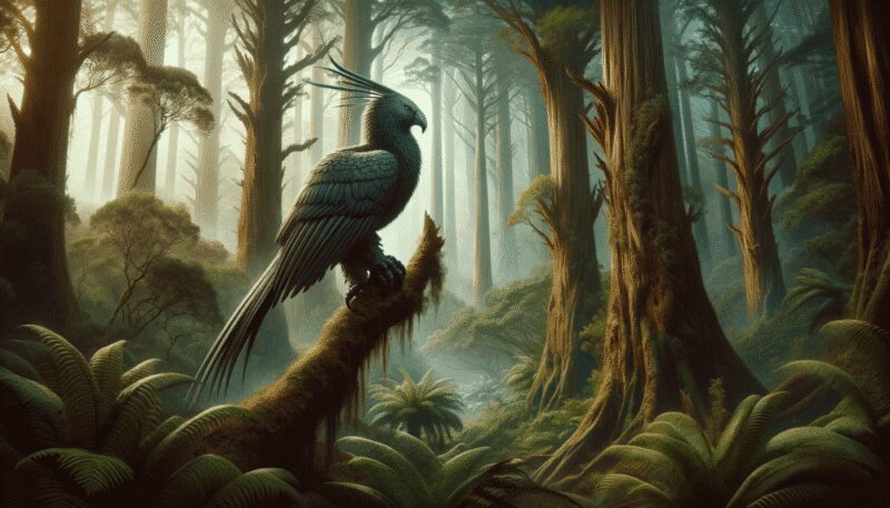 Illustrated in a mystical forest setting in New Zealand, the Poukai perches on a towering kauri tree amidst dense native ferns and mist, embodying its role as a guardian of the natural world and Maori heritage.