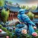 The Qingniao, with vibrant blue plumage, is depicted in an ancient Chinese temple garden. Perched on a stone sculpture, surrounded by peonies and bamboo, the bird symbolizes wisdom. The serene garden, featuring traditional architecture and koi ponds, reflects the Qingniao's connection to the spiritual and natural world.
